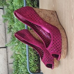 JIMMY CHOO 'PAPINA' BERRY WINE SUEDE CORK WEDGE Size 40